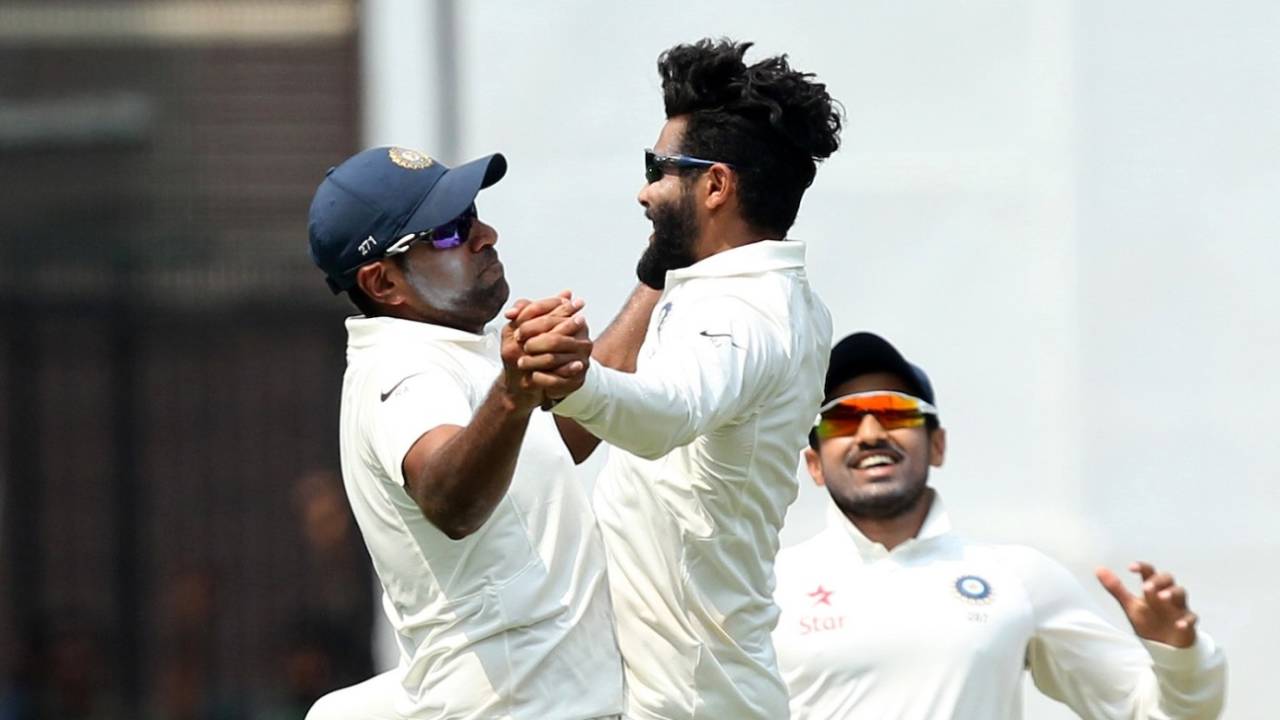 R Ashwin and Ravindra Jadeja celebrate a wicket