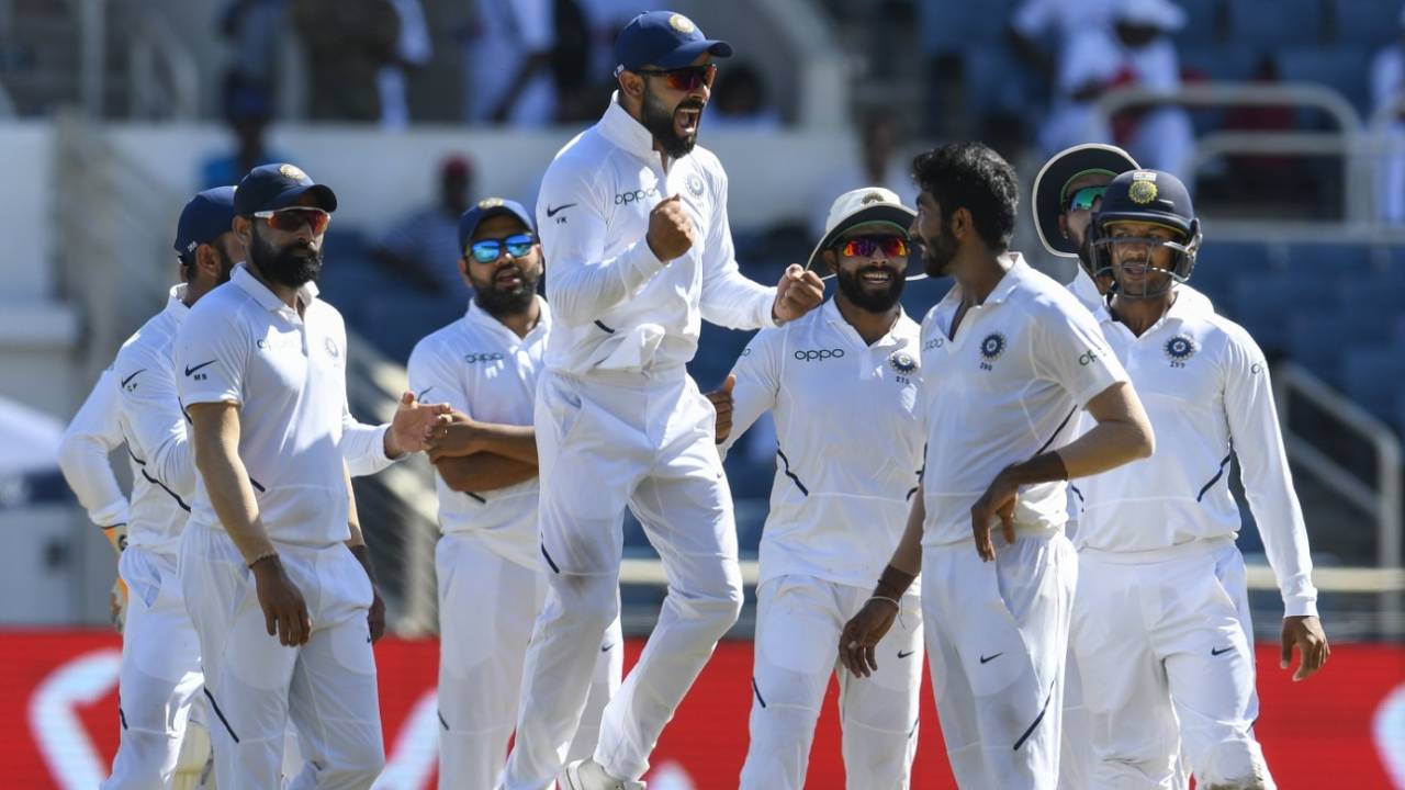 Virat Kohli is literally over the moon after a successful review for a Test hat-trick for Bumrah, West Indies v India, 2nd Test, Kingston, 1st day, August 31, 2019