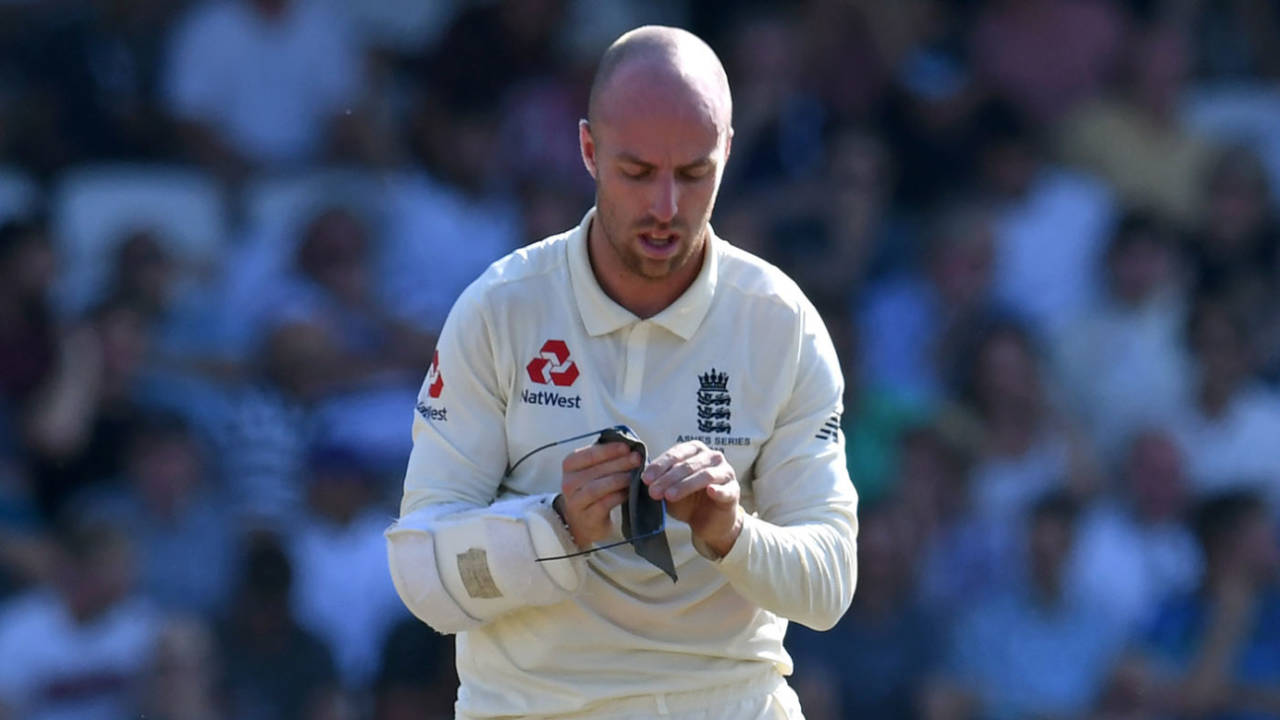 Jack Leach wipes the sweat from his glasses during his innings of one not out, England v Australia, 3rd Ashes Test, Headingley, August 25, 2019