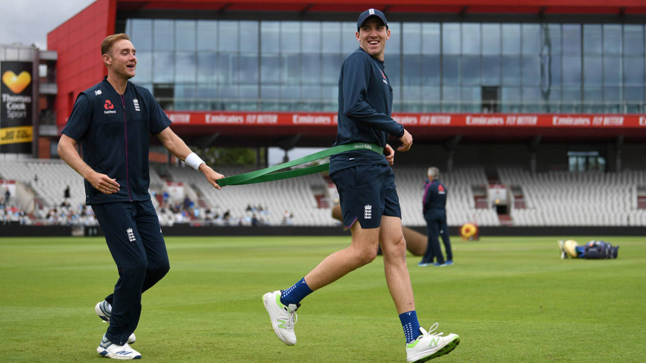 Craig Overton warms up with Stuart Broad during a net session at Old Trafford&nbsp;&nbsp;&bull;&nbsp;&nbsp;PA Images via Getty Images