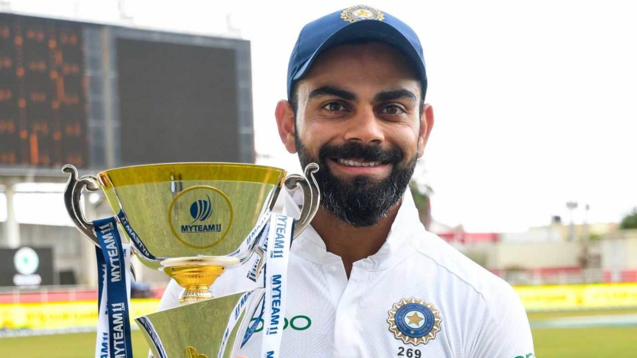 Virat Kohli poses with the series trophy, West Indies v India, 2nd Test, Kingston, 4th day, September 2, 2019