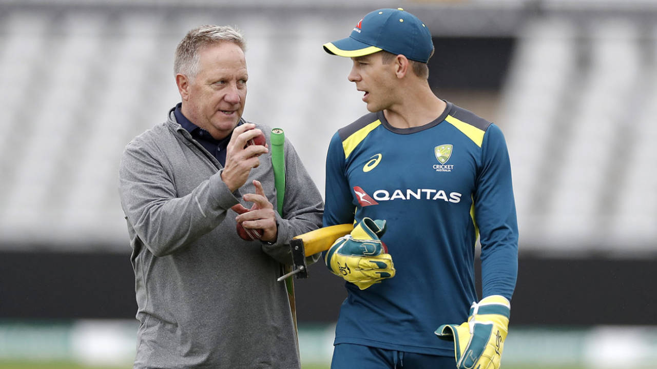 Tim Paine chats with Ian Healy during Australia's training session&nbsp;&nbsp;&bull;&nbsp;&nbsp;Getty Images