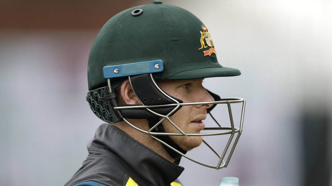 Steven Smith - wearing stem guards on his helmet - prepares for a net ahead of the Old Trafford Test&nbsp;&nbsp;&bull;&nbsp;&nbsp;Getty Images