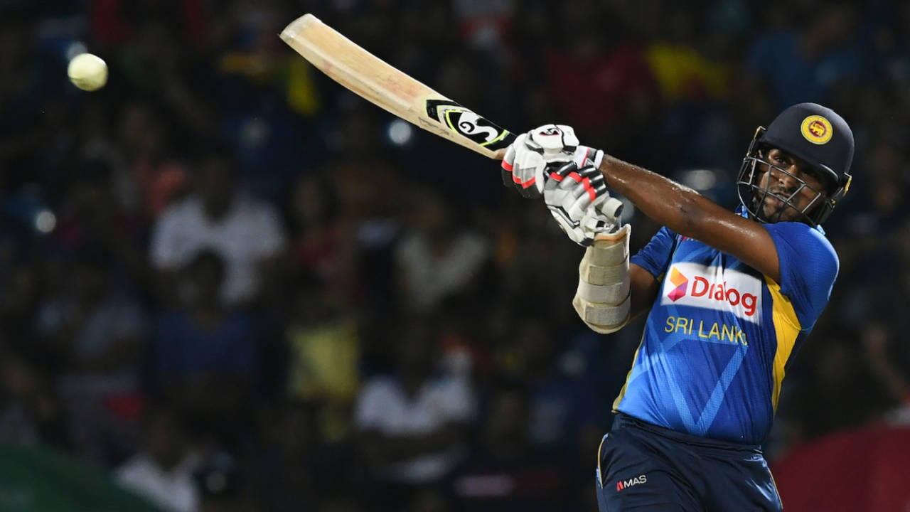 Shehan Jayasuriya smashes the ball into the leg side, Sri Lanka v New Zealand, 2nd T20I, Pallekele, September 3, 2019