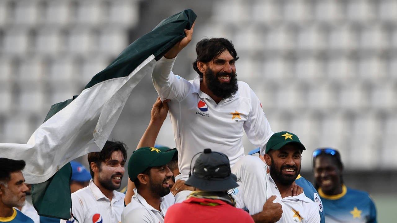 Misbah-ul-Haq is carried off the field after his final Test in 2017