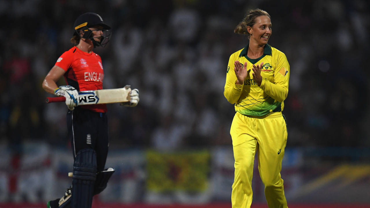 Ash Gardner celebrates a wicket during the T20 World Cup final, Australia v England, T20 World Cup final, Antigua, November 24, 2018
