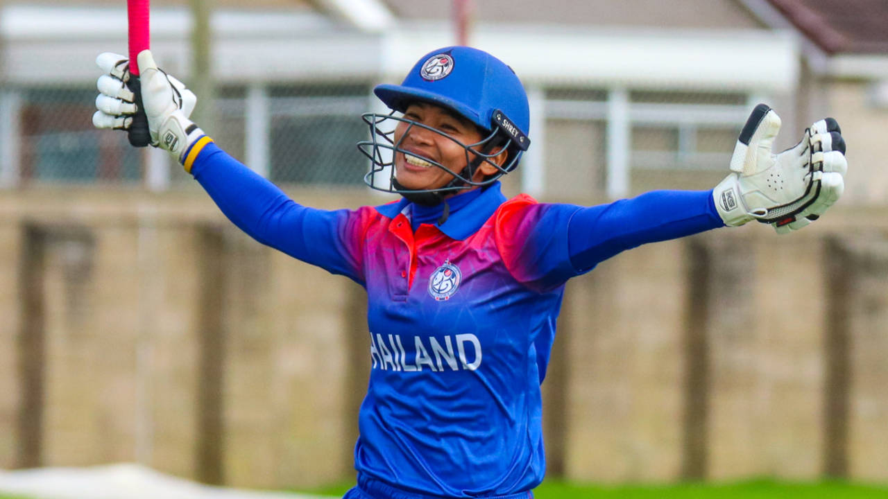 Nattaya Boochatham celebrates after hitting the single to book Thailand's trip to the 2020 T20 World Cup, Papua New Guinea Women v Thailand Women, ICC Women's T20 World Cup Qualifier semi-final, Dundee, September 5, 2019