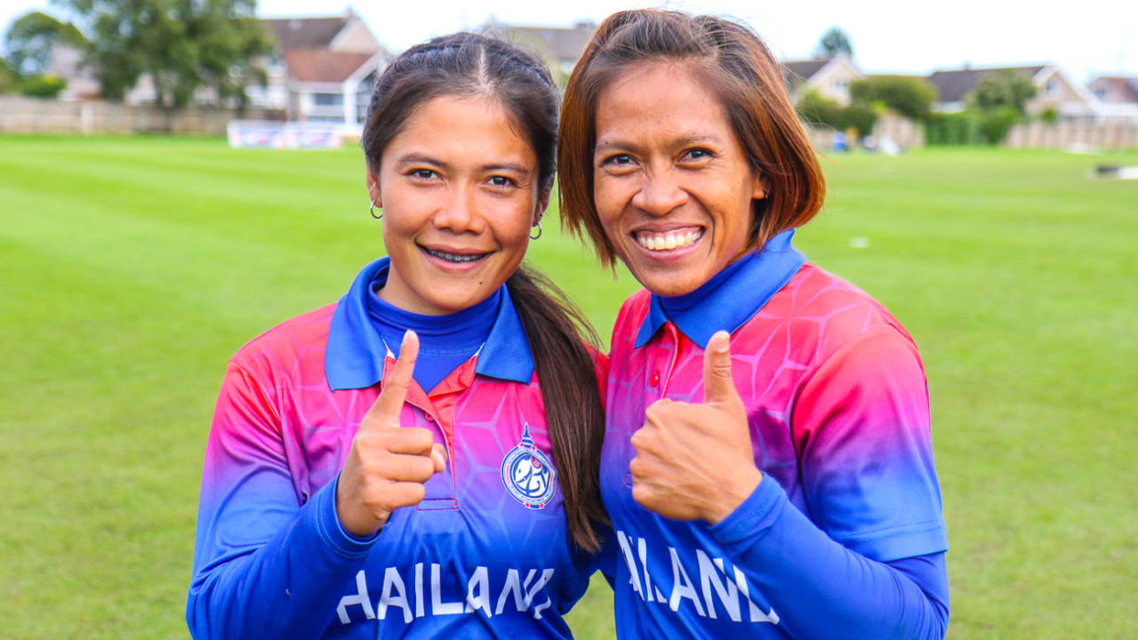 Chanida Sutthiruang and captain Sornnarin Tippoch smile after clinching Thailand's first trip to the T20 World Cup, Papua New Guinea Women v Thailand Women, ICC Women's T20 World Cup Qualifier semi-final, Dundee, September 5, 2019
