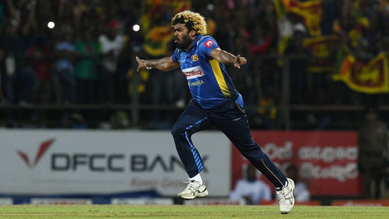 Lasith Malinga takes off in celebration after his hat-trick, Sri Lanka v New Zealand, 3rd T20I, Pallekele, September 6, 2019