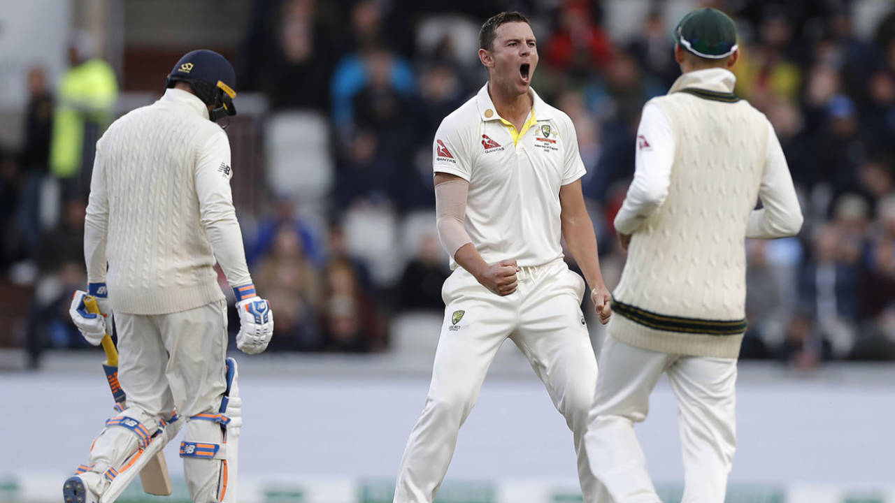 Josh Hazlewood roars with delight after bowling Jason Roy, England v Australia, 4th Test, Day 3, Manchester, September 6, 2019