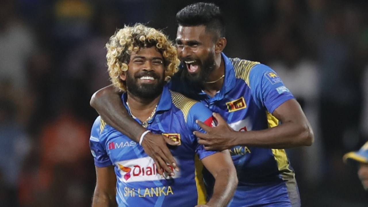 Lasith Malinga and Isuru Udana celebrate, Sri Lanka v New Zealand, 3rd T20I, Pallekele, September 6, 2019