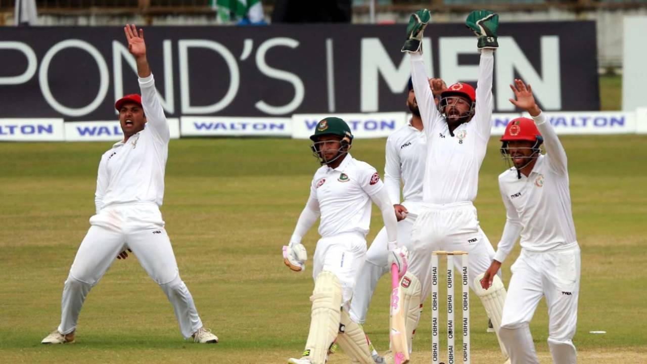 The Afghanistan players go up in appeal for Mushfiqur Rahim's wicket, Bangladesh v Afghanistan, Only Test, Chattogram, 4th day, September 8, 2019