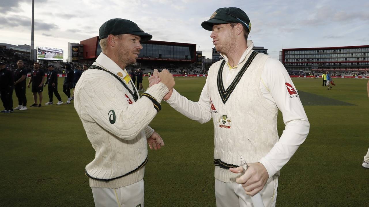 David Warner and Steven Smith shake hands after the match, England v Australia, 4th Test, Old Trafford, 5th day, September 8, 2019