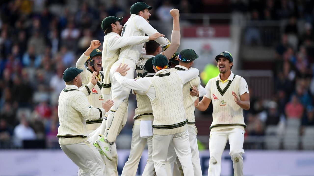 Australia celebrate after they claim victory to retain the Ashes, England v Australia, 4th Ashes Test, Old Trafford, Manchester, Day 5, September 8, 2019