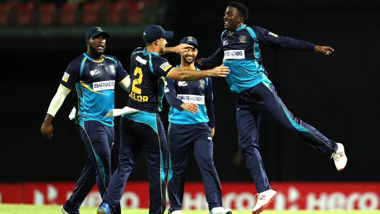 Hayden Walsh celebrates with his team-mates, St Kitts and Nevis Patriots v Barbados Tridents, CPL 2019, Basseterre, September 11, 2019