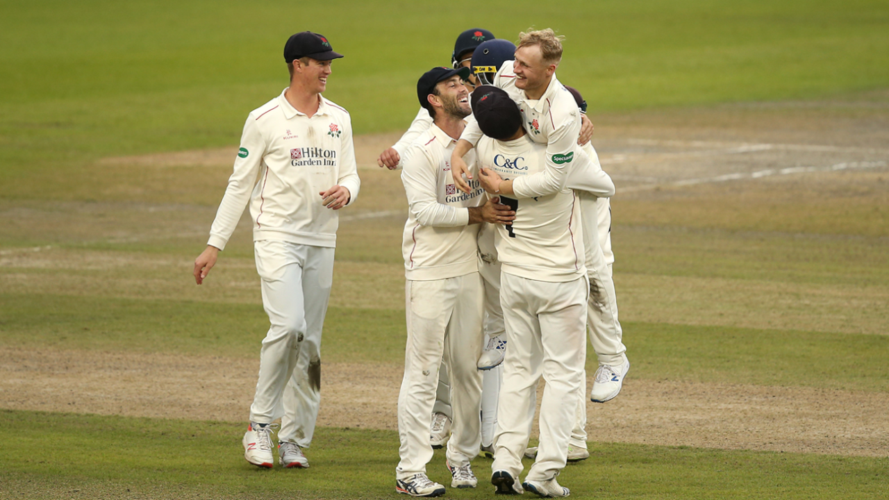 Lancashire celebrate their promotion-clinching victory, Lancashire v Derbyshire, County Championship, Division Two, Old Trafford, September 12, 2019
