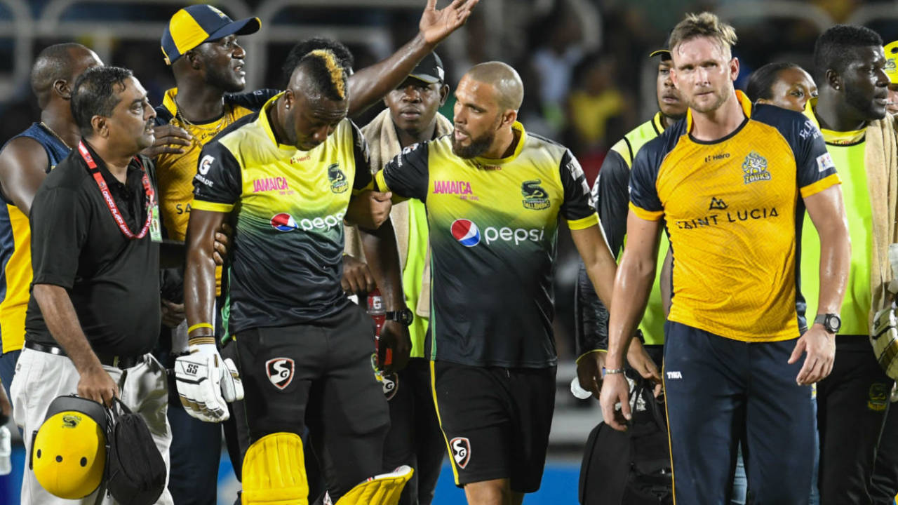 Andre Russell is dazed after a blow to the helmet, Jamaica Tallawahs v St Lucia Zouks, Kingston, CPL, September 12, 2019