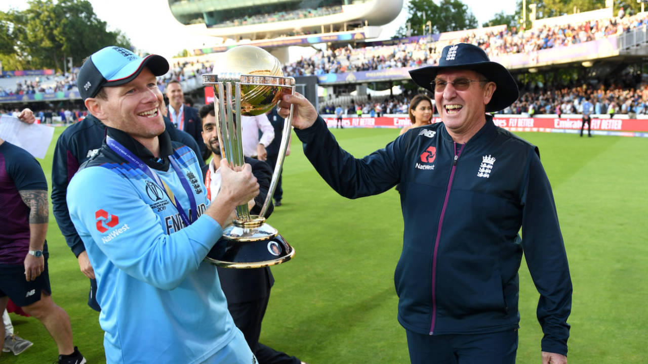 Trevor Bayliss celebrates with the trophy after winning the 2019 World Cup, New Zealand v England, Lord's, London, England, July 14, 2019