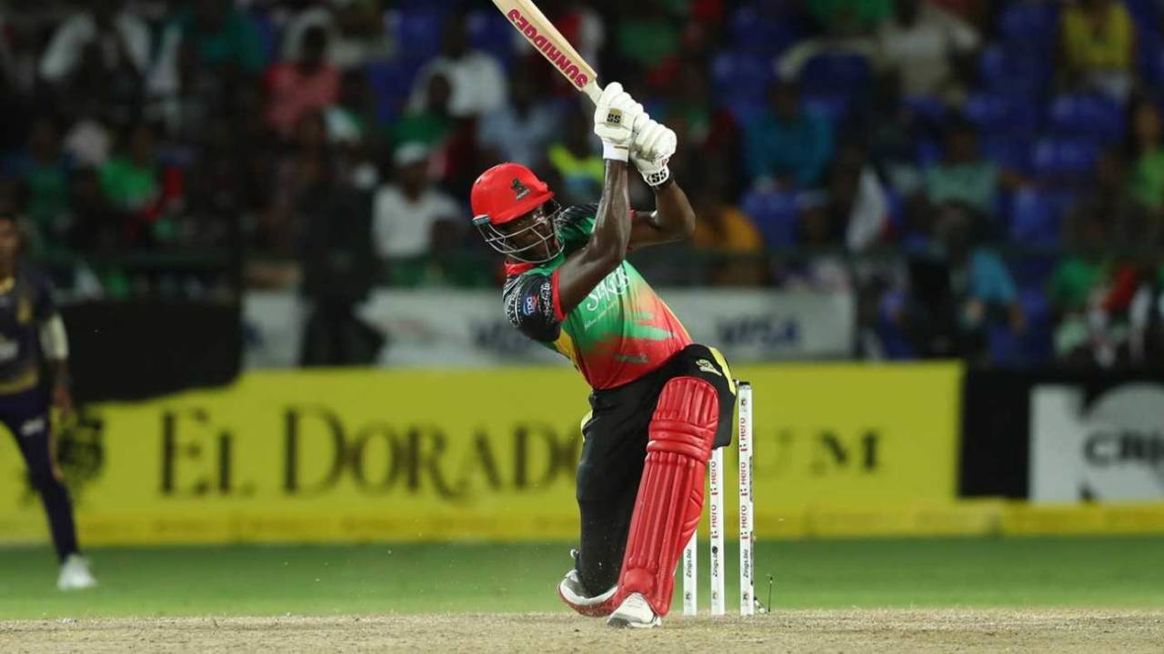 Carlos Brathwaite launches one over midwicket, St Kitts and Nevis Patriots v Trinbago Knight Riders, CPL 2019, Basseterre, September 17, 2019