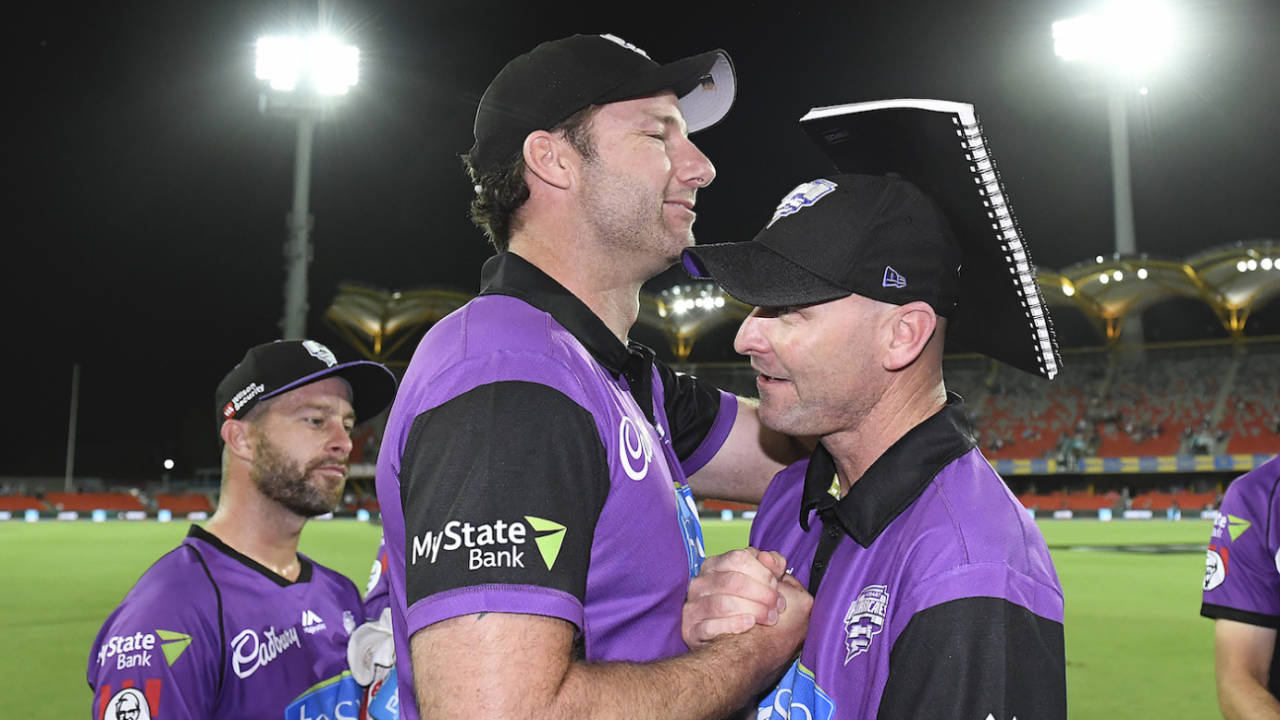 Adam Griffith and Jeff Vaughan celebrate a win for the Hobart Hurricanes&nbsp;&nbsp;&bull;&nbsp;&nbsp;Getty Images