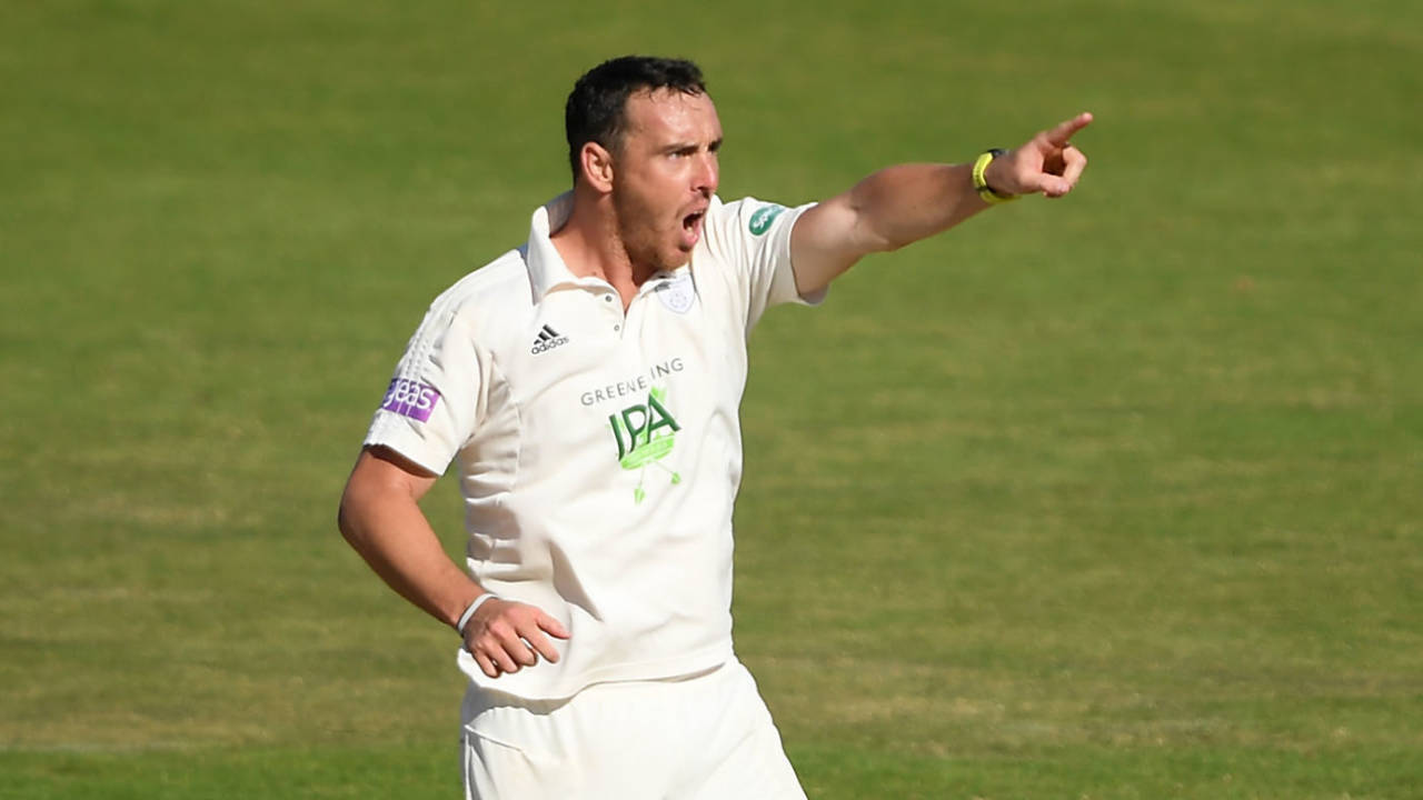 Kyle Abbott celebrates the wicket of Craig Overton, Hampshire v Somerset, County Championship, Division One, Ageas Bowl, September 18, 2019
