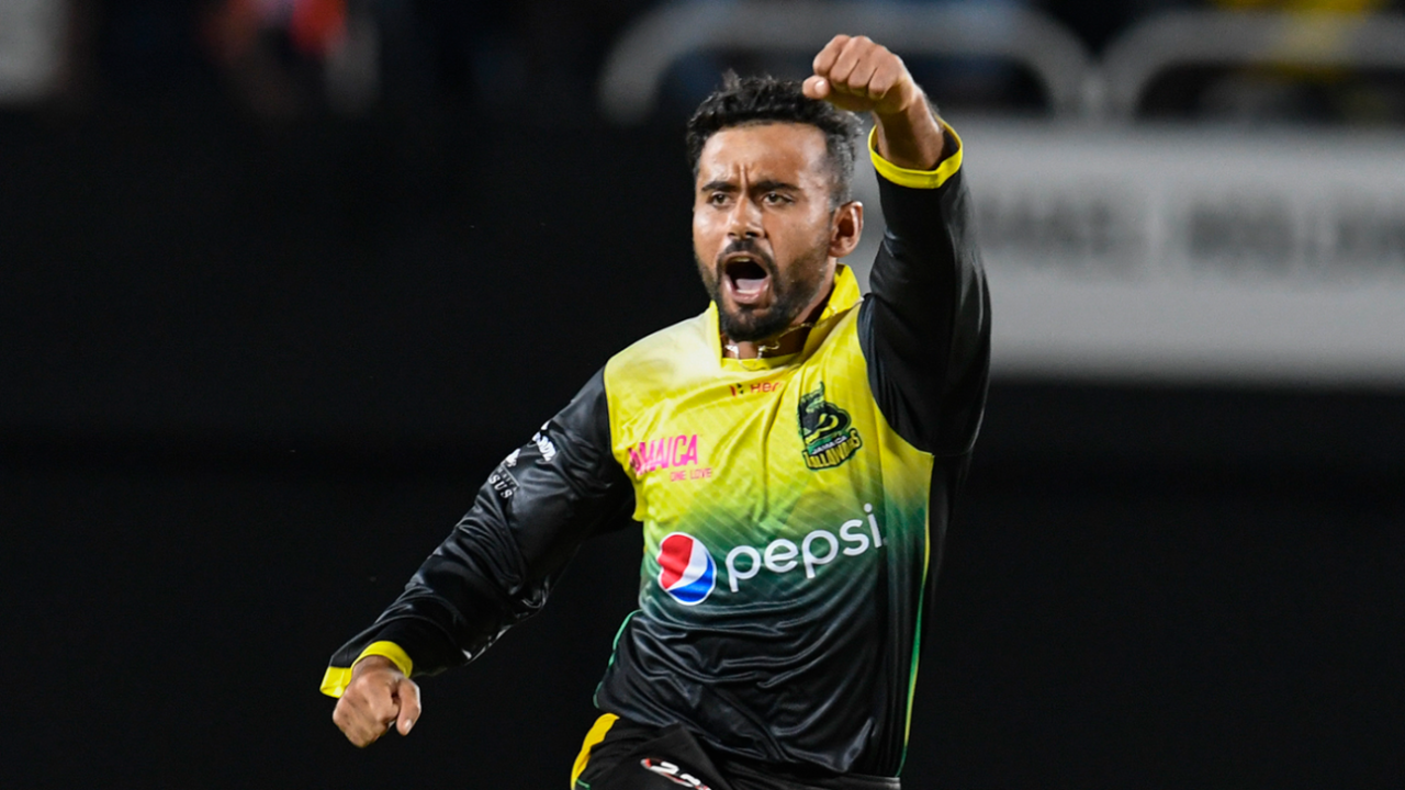 Zahir Khan celebrates a wicket during the CPL,  Jamaica Tallawahs v Trinbago Knight Riders, CPL, Sabina Park, September 13, 2019
