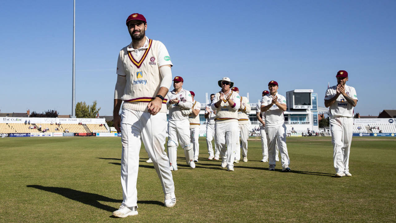 Brett Hutton of Northamptonshire is applauded by his team-mates after taking 5-59 against Durham, Northamptonshire v Durham, County Championship Division Two, Northampton, September 19, 2019