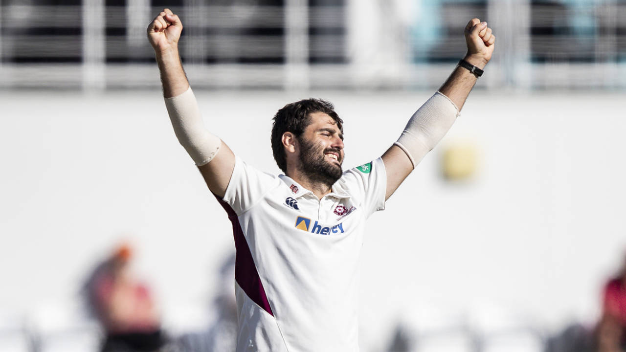 Brett Hutton celebrates a breakthrough, Northamptonshire v Durham, County Championship Division Two, Wantage Road, September 19, 2019