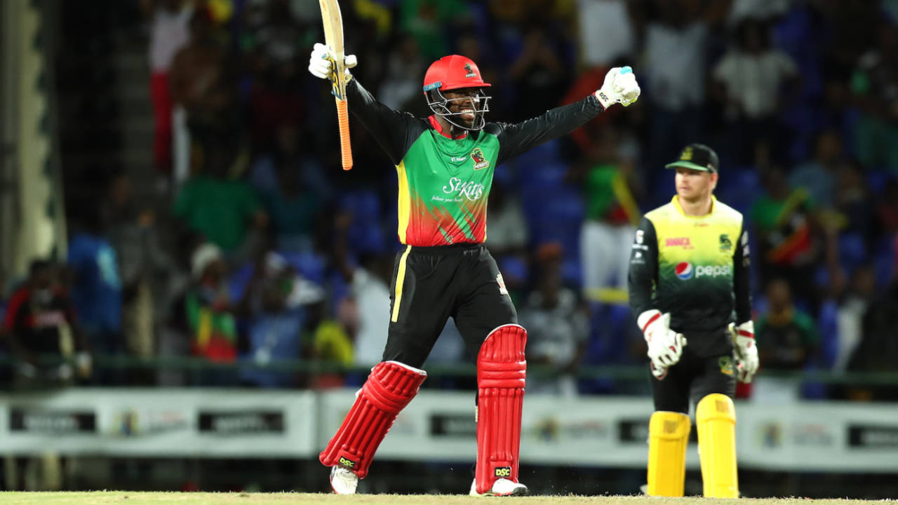 Fabian Allen is thrilled after hitting the winning runs, St Kitts and Nevis Patriots v Jamaica Tallawahs, Basseterre, CPL 2019, September 10, 2019