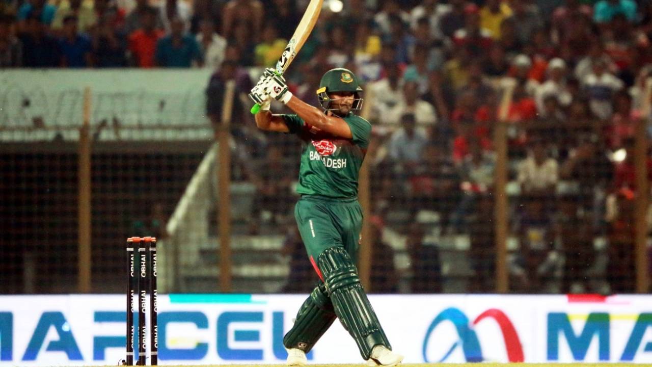 Shakib Al Hasan hits one down the ground, Bangladesh v Afghanistan, 6th match, T20I tri-series, Chattogram, September 21, 2019