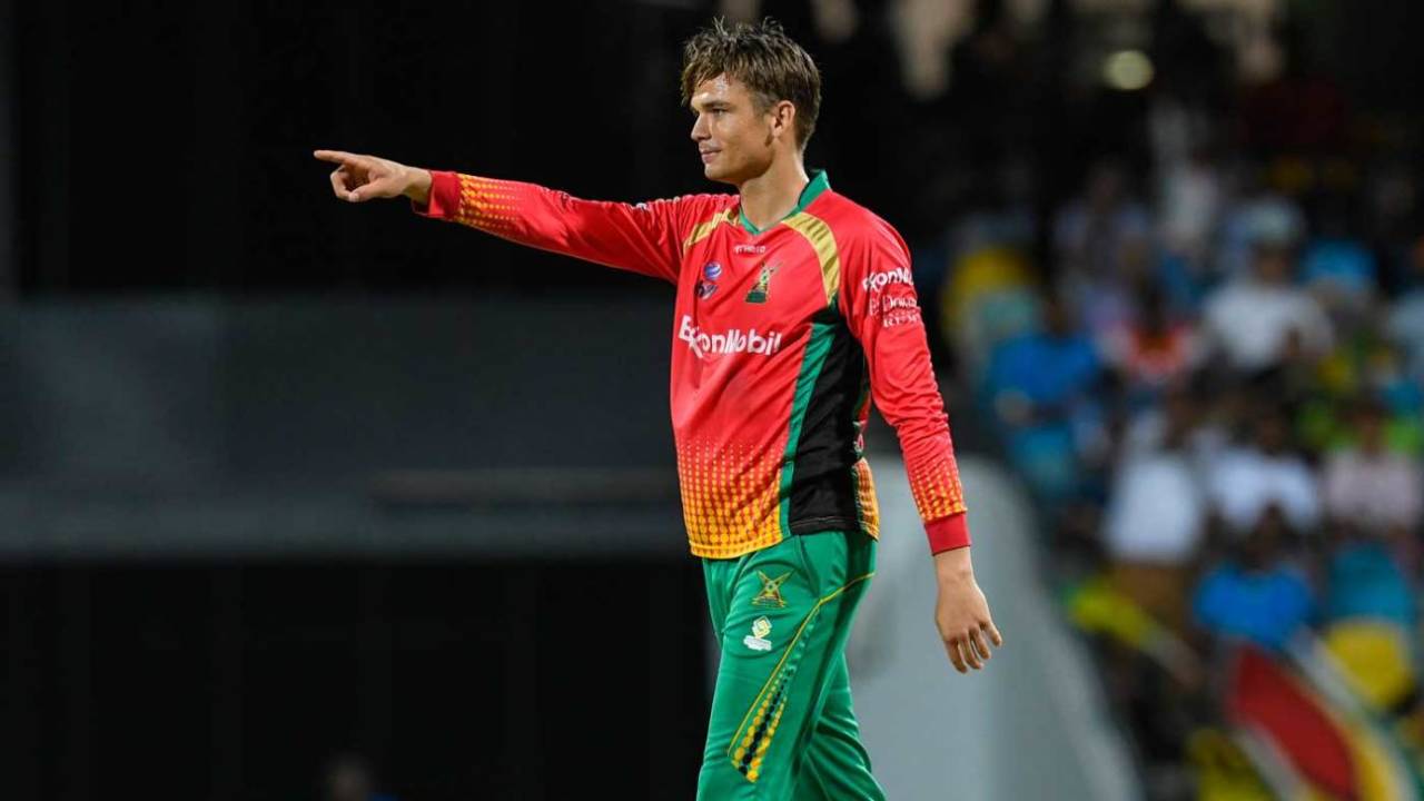 Chris Green points to his team-mate after getting a wicket, Barbados Tridents v Guyana Amazon Warriors, CPL 2019, Bridgetown, September 22, 2019