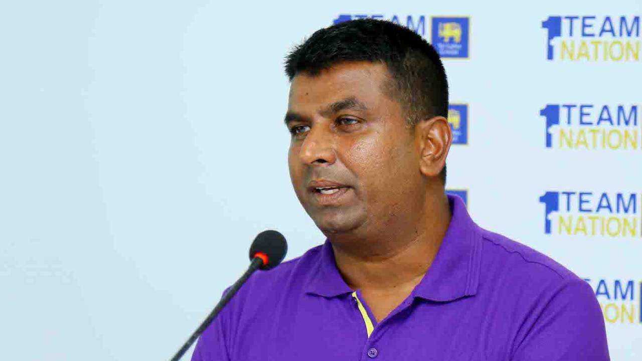 Sri Lanka women's coach Harsha de Silva talks to the media