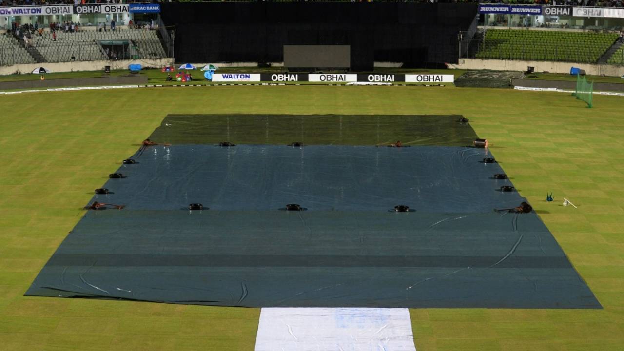 The covers at the Sher-e-Bangla Stadium were water-logged with rain, with rain delaying the start, Bangladesh T20I tri-series, Mirpur, September 24, 2019