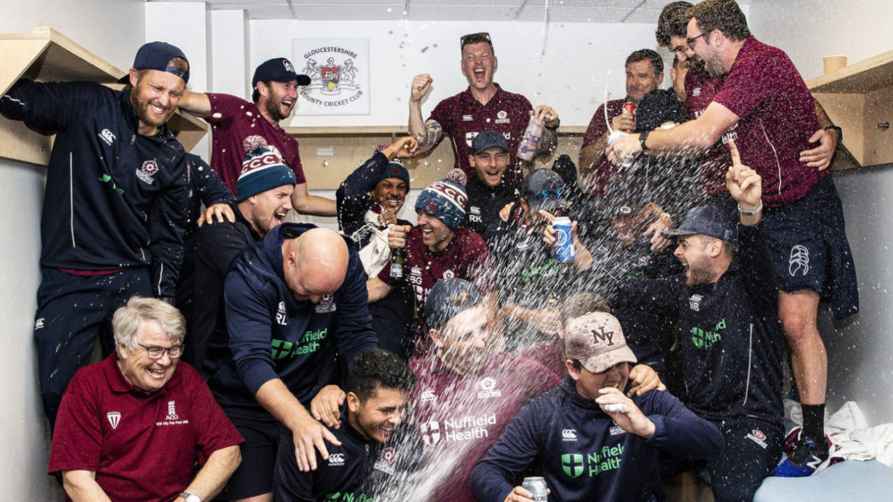 Northamptonshire celebrate after their promotion to Division One is confirmed, Gloucestershire v Northamptonshire, County Championship Division Two, Bristol, September 26, 2019 