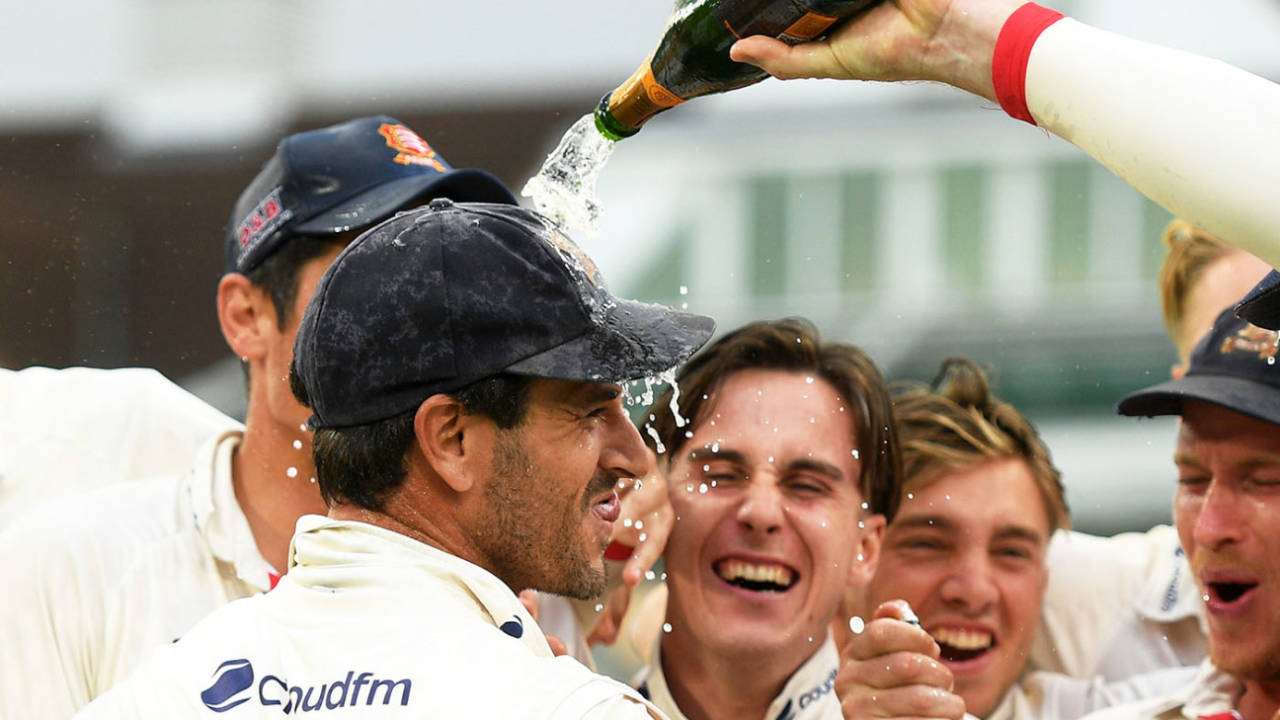 Ryan ten Doeschate is drenched is bubbly by his team-mates, Taunton, September 26, 2019