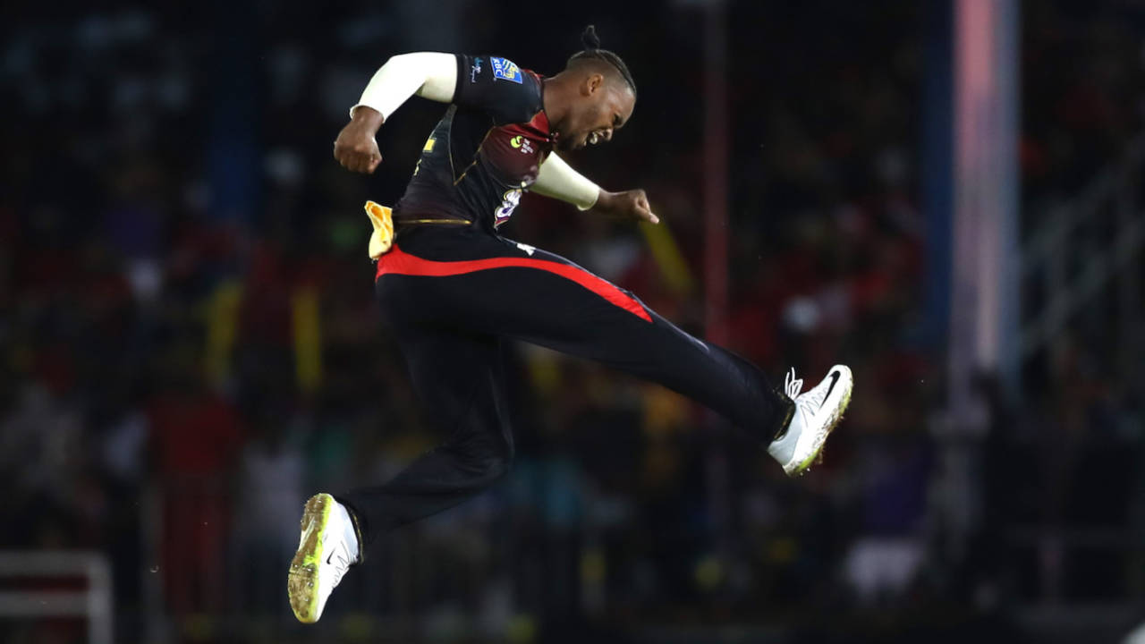 Javon Searles is thrilled after one of his strikes, Trinbago Knight Riders v Guyana Amazon Warriors, CPL 2019, Port-of-Spain, September 30, 2019