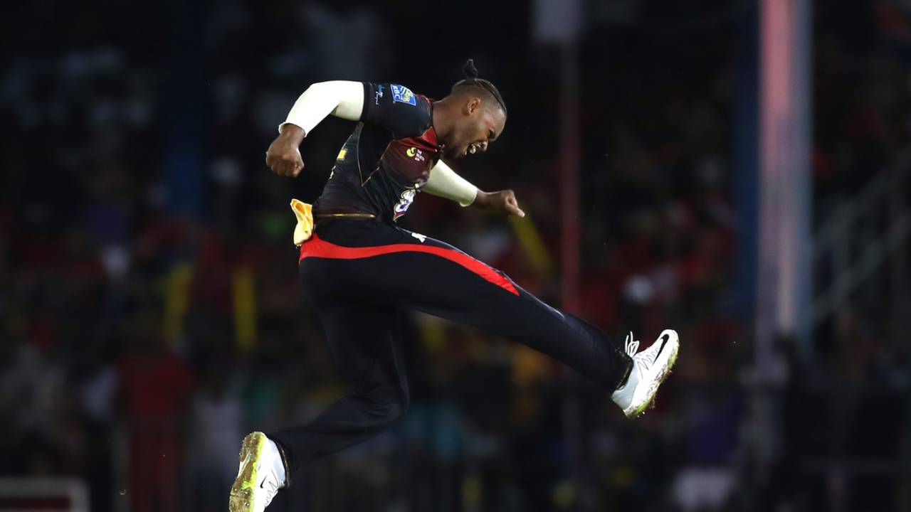 Javon Searles is thrilled after one of his strikes, Trinbago Knight Riders v Guyana Amazon Warriors, CPL 2019, Port-of-Spain, September 30, 2019