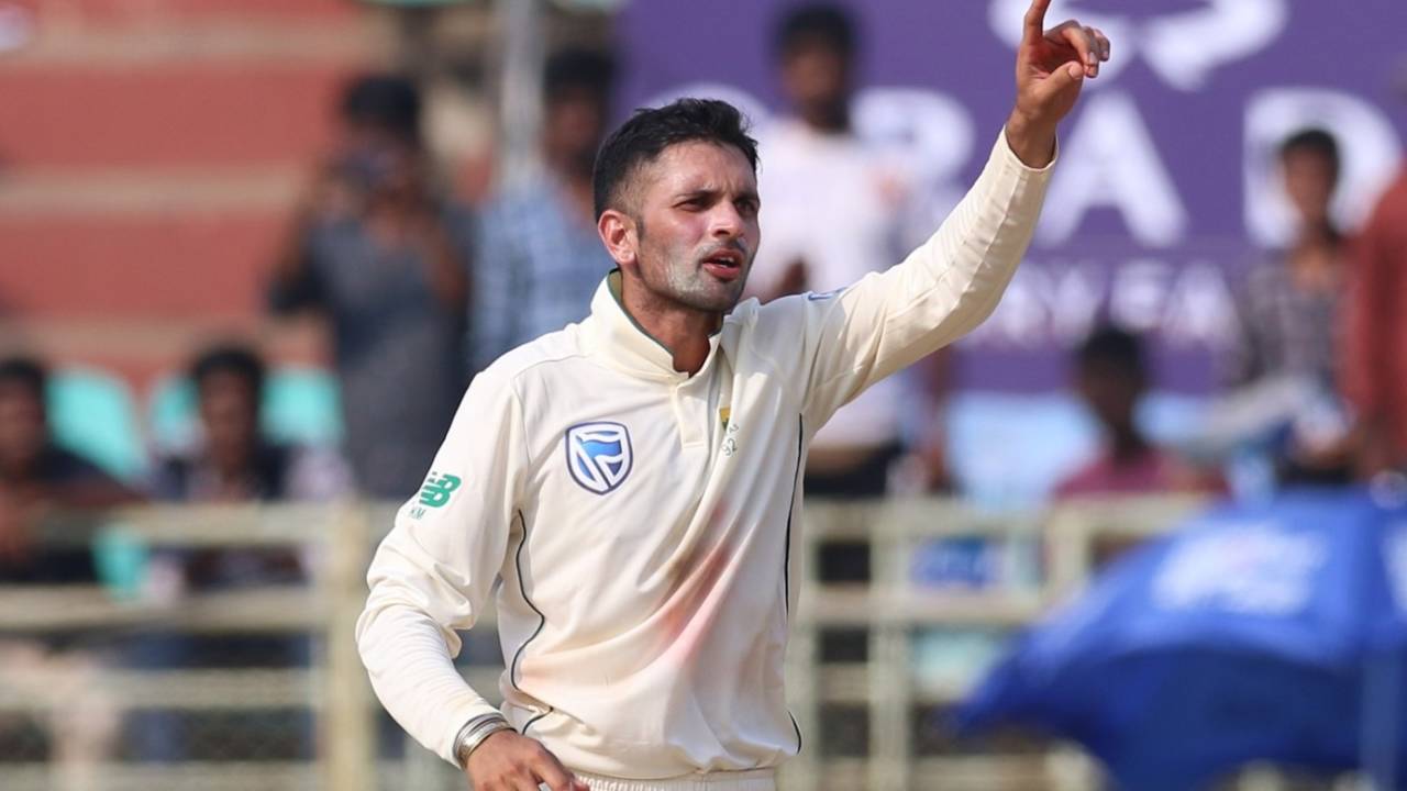 Keshav Maharaj celebrates a wicket, India v South Africa, 1st Test, Visakhapatnam, Day 2, October 3, 2019