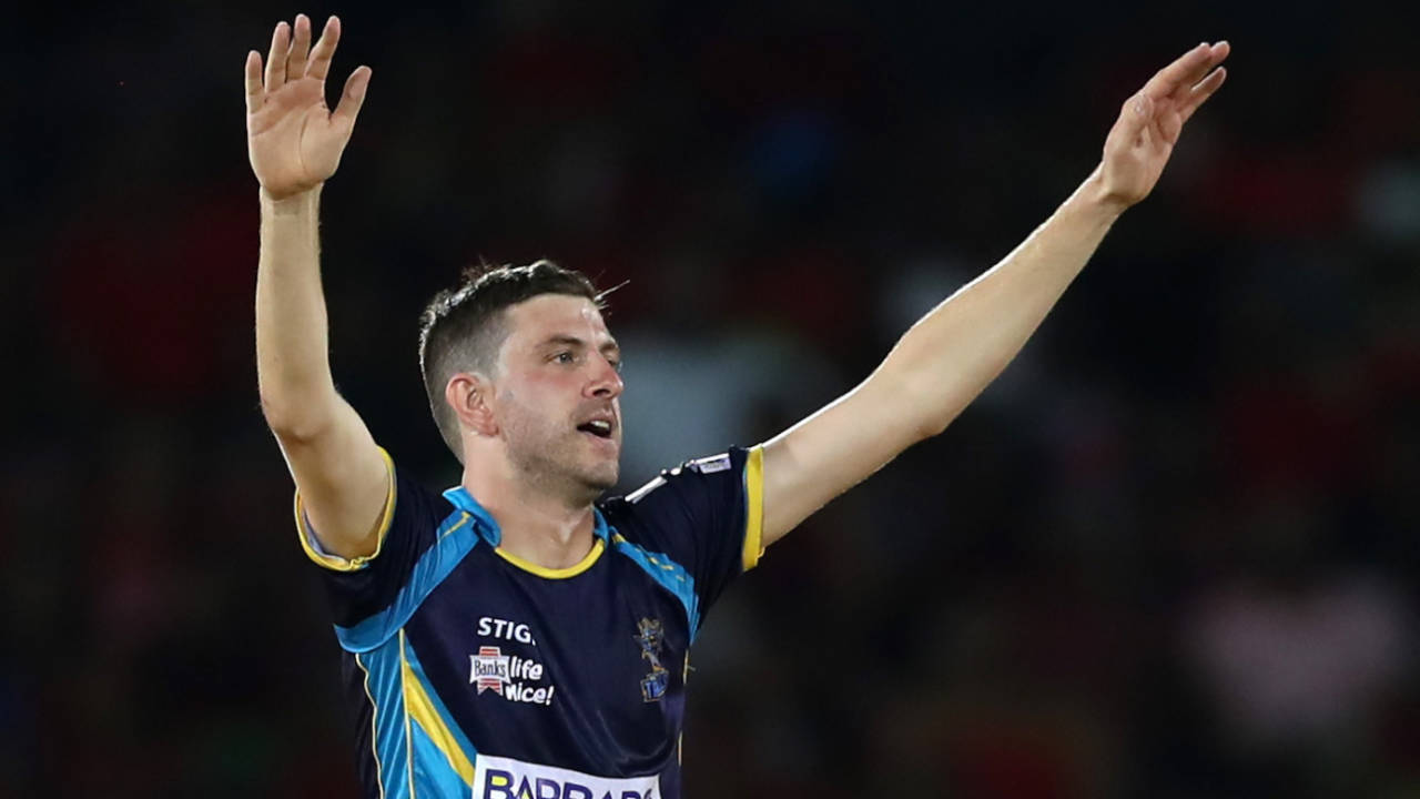 Harry Gurney celebrates during his economical spell, Trinbago Knight Riders v Barbados Tridents, CPL 2019, Port-of-Spain, October 2, 2019