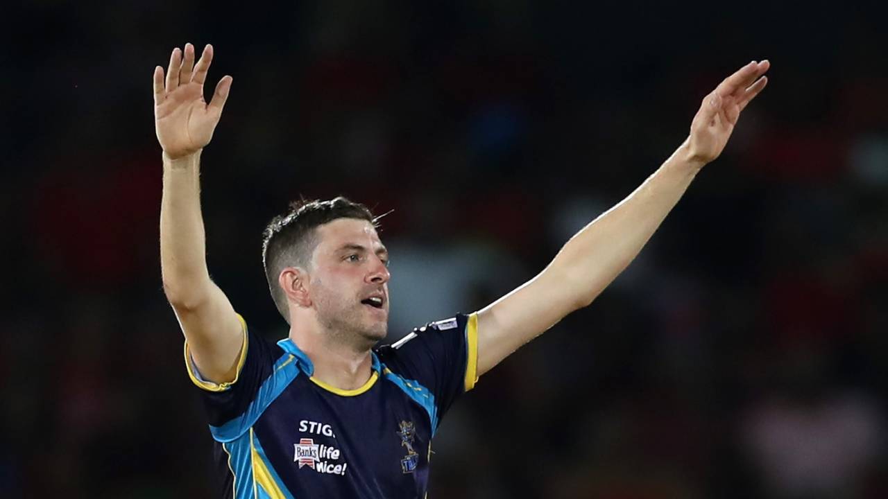 Harry Gurney celebrates during his economical spell, Trinbago Knight Riders v Barbados Tridents, CPL 2019, Port-of-Spain, October 2, 2019
