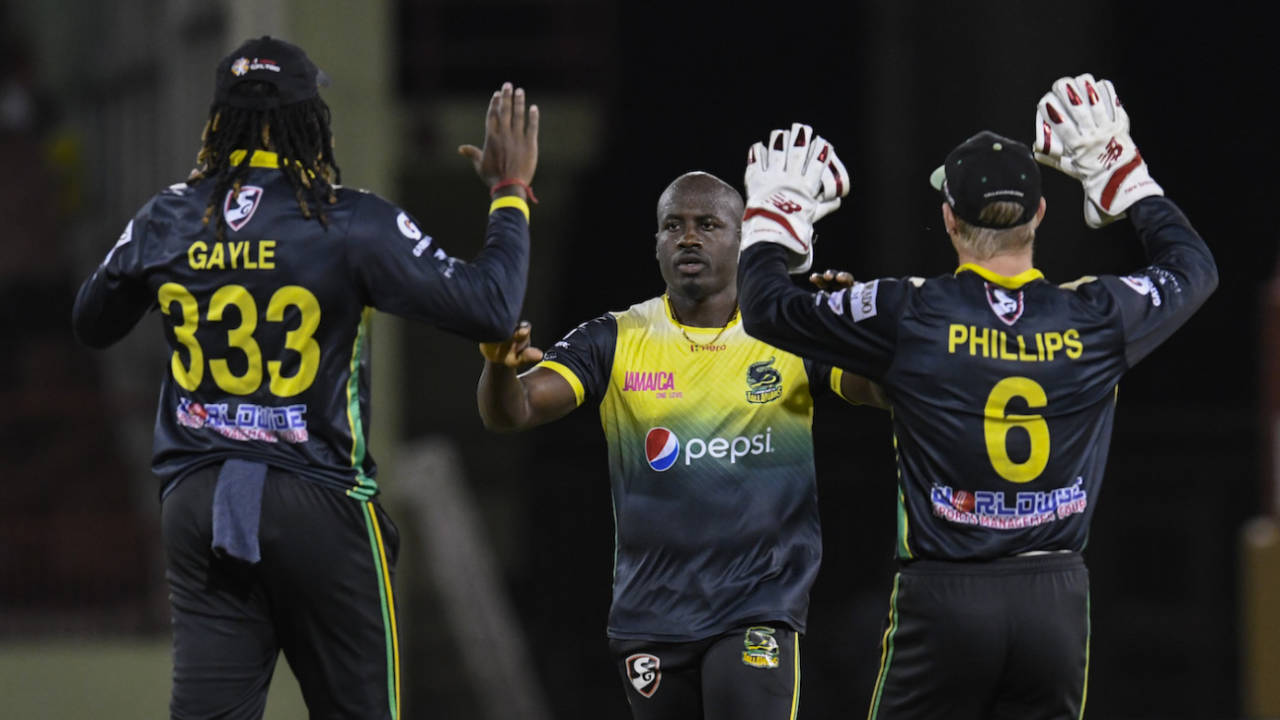 Derval Green is congratulated after striking early, Guyana Amazon Warriors v Jamaica Tallawahs, CPL 2019, Providence, October 3, 2019