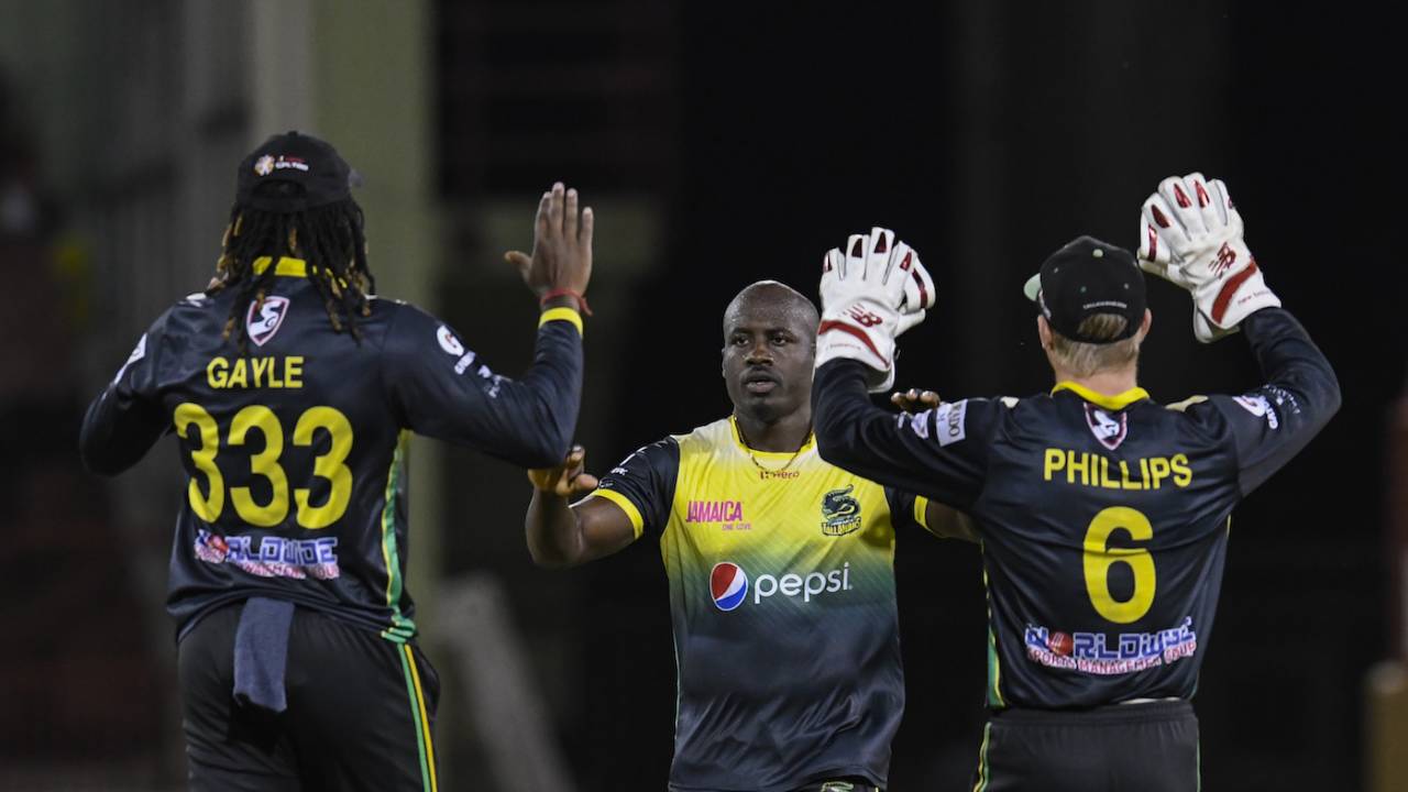 Derval Green is congratulated after striking early, Guyana Amazon Warriors v Jamaica Tallawahs, CPL 2019, Providence, October 3, 2019
