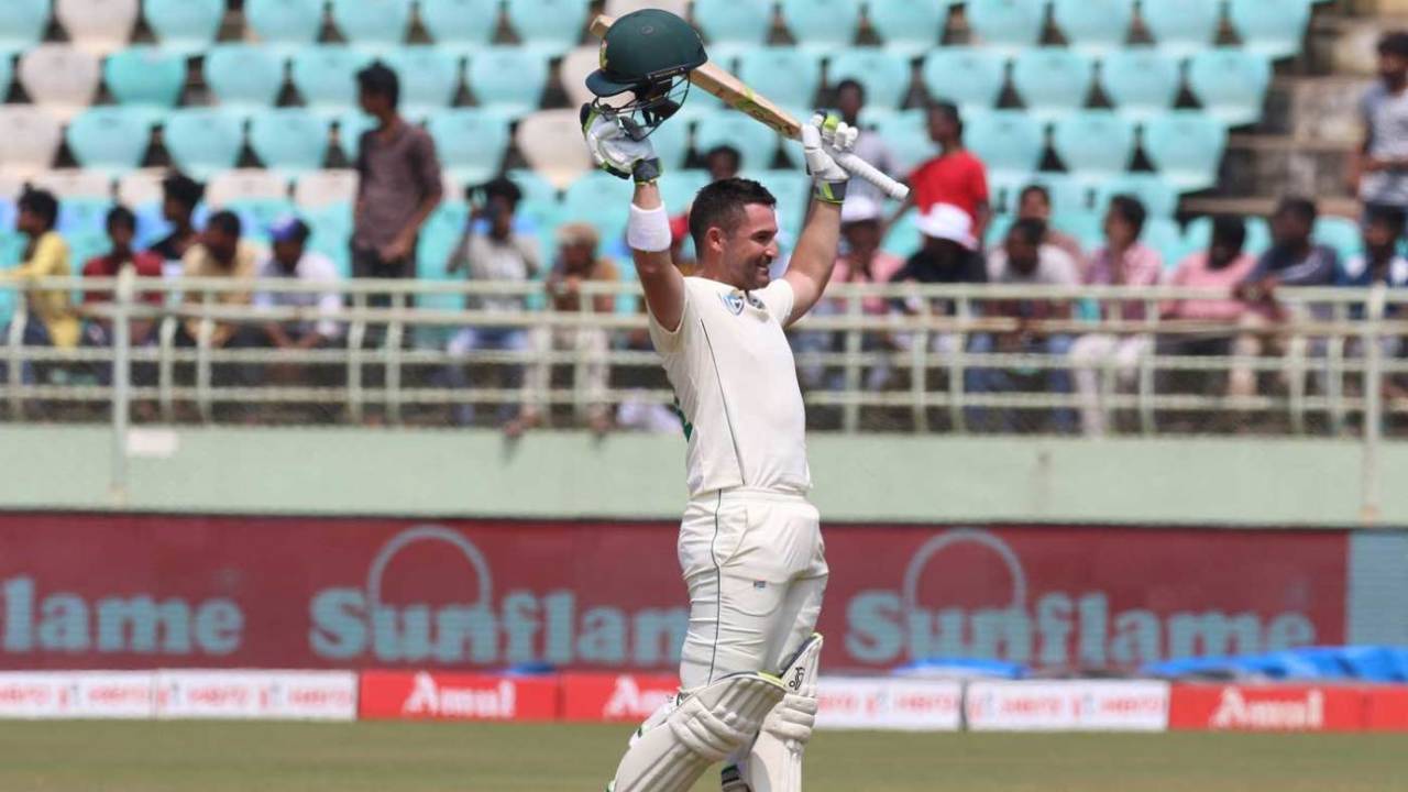 Dean Elgar raises his bat after getting a century, India v South Africa, 1st Test, Visakhapatnam, Day 3, October 4, 2019