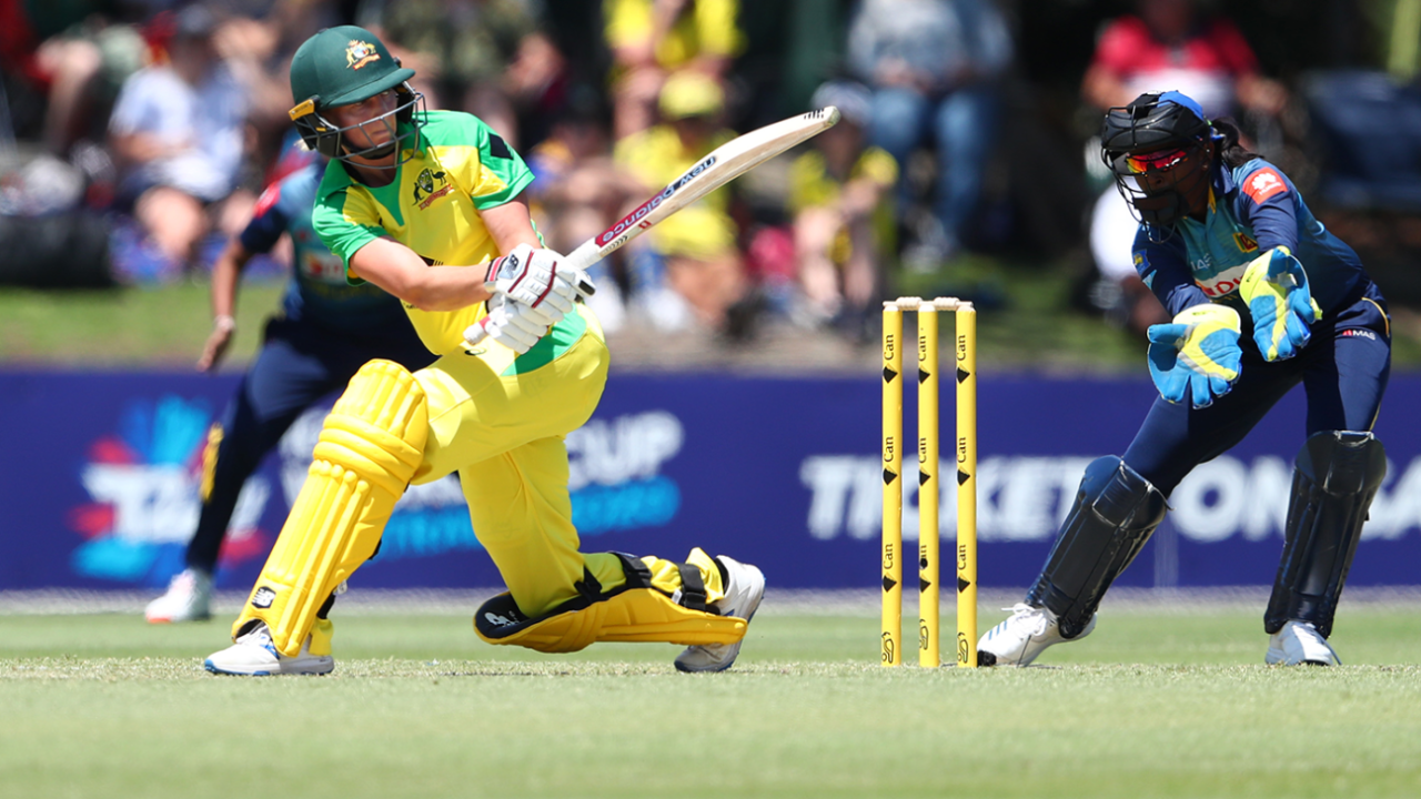 Meg Lanning sweeps as she top scores with 73 off 66 balls, Australia v Sri Lanka, 1st Women's ODI, Allan Border Field, October 5, 2019