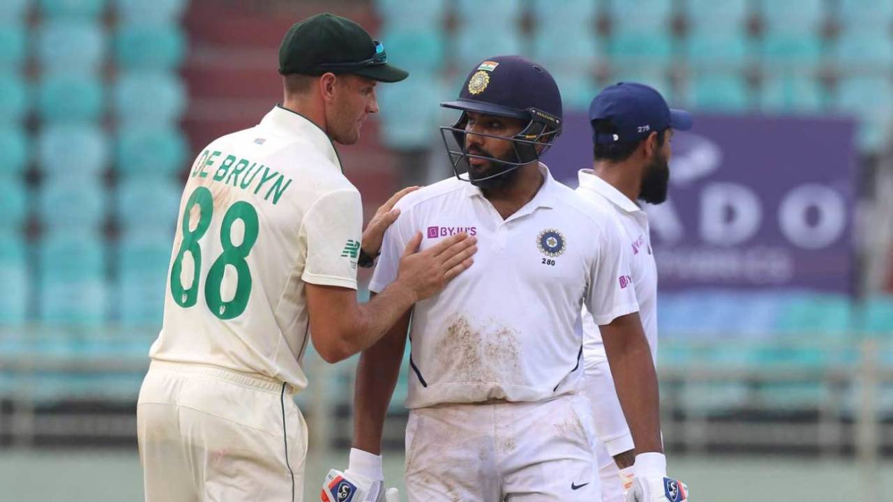 Rohit Sharma gets a pat from Theunis de Bruyn after being dismissed, India v South Africa, 1st Test, Visakhapatnam, Day 4, October 5, 2019