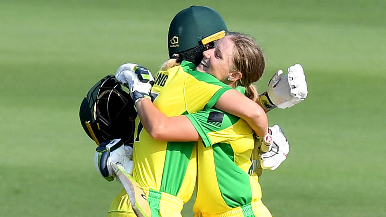 Alyssa Healy gets a hug from Meg Lanning after reaching her century, Australia Women v Sri Lanka Women, 3rd ODI, Brisbane, October 9, 2019