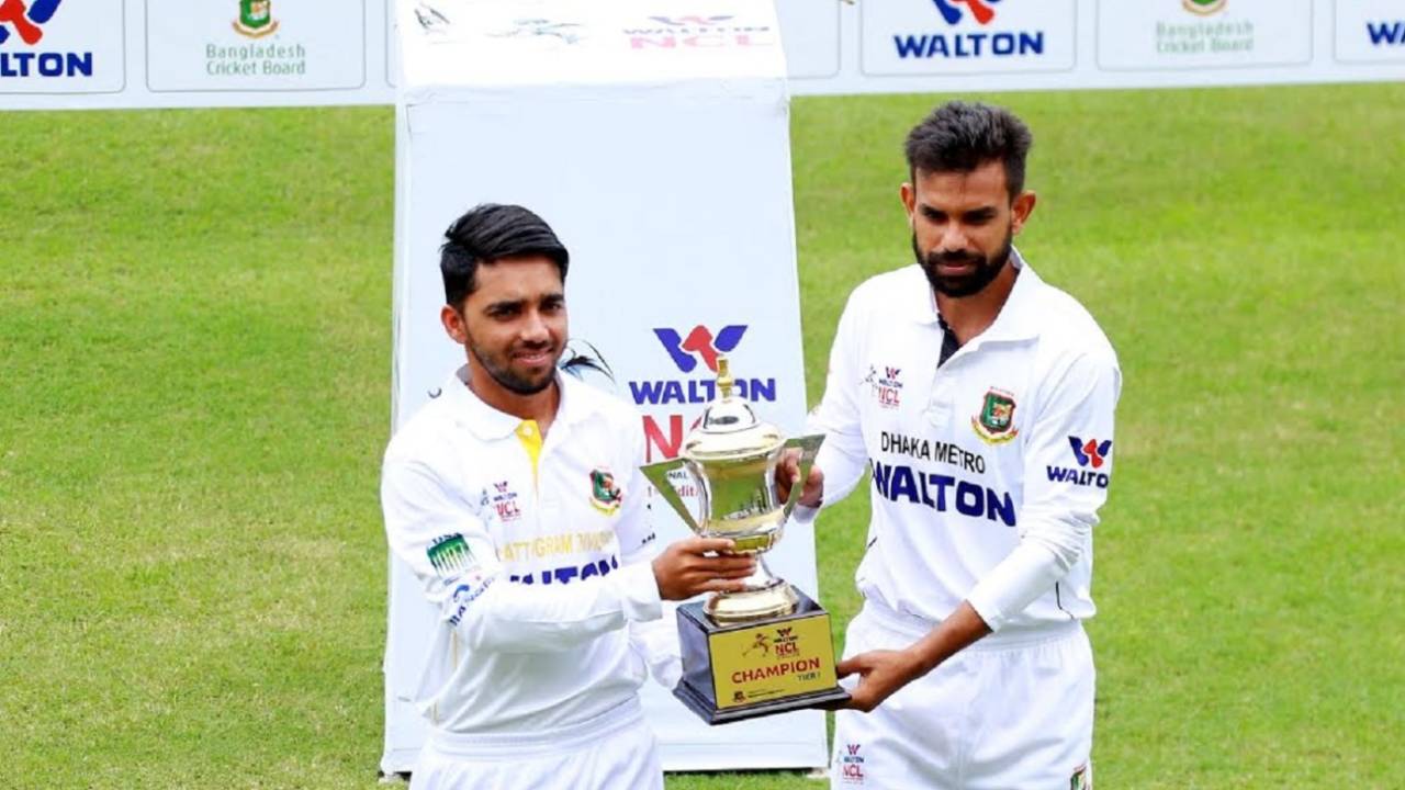 Mominul Haque and Marshall Ayub pose with the NCL trophy, October 9, 2019