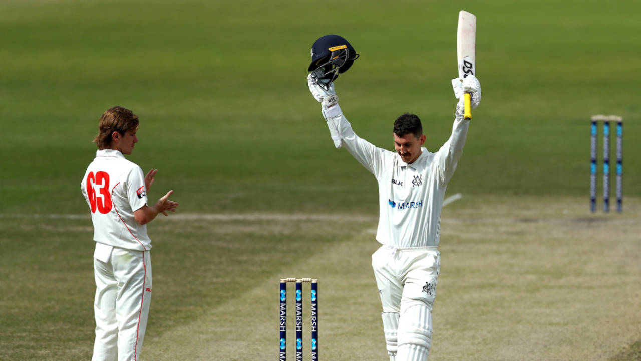 Nic Maddinson celebrates his maiden first-class double century, Victoria v South Australia, Day 2, Sheffield Shield, Round 1, October 11, 2019