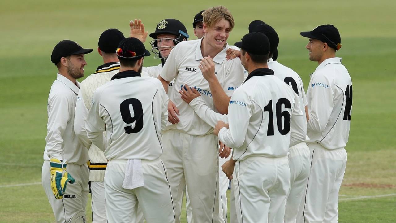 Cameron Green is mobbed by his team-mates after picking up a wicket, Western Australia v Tasmania, Sheffield Shield 2019-20, 2nd day, Perth, October 11, 2019