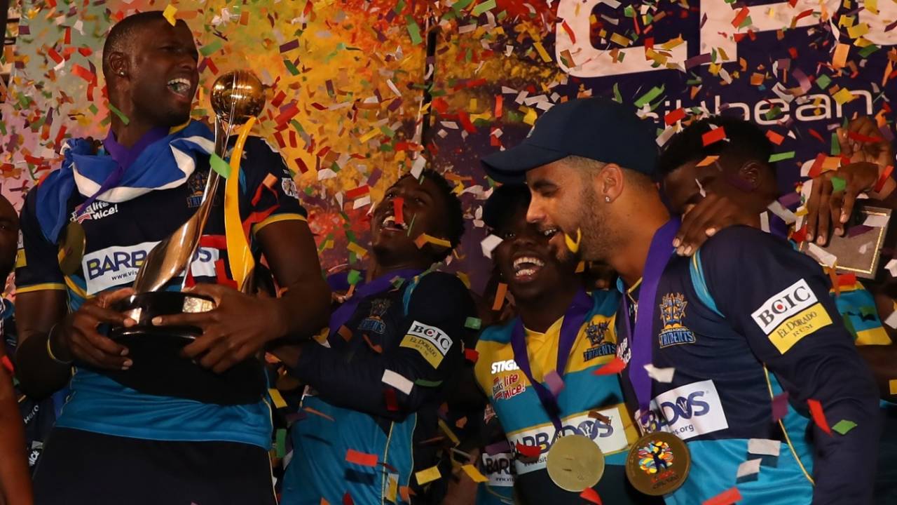 The Barbados Tridents players celebrate their win, Guyana Amazon Warriors v Barbados Tridents, CPL 2019 final, Trinidad, October 12, 2019